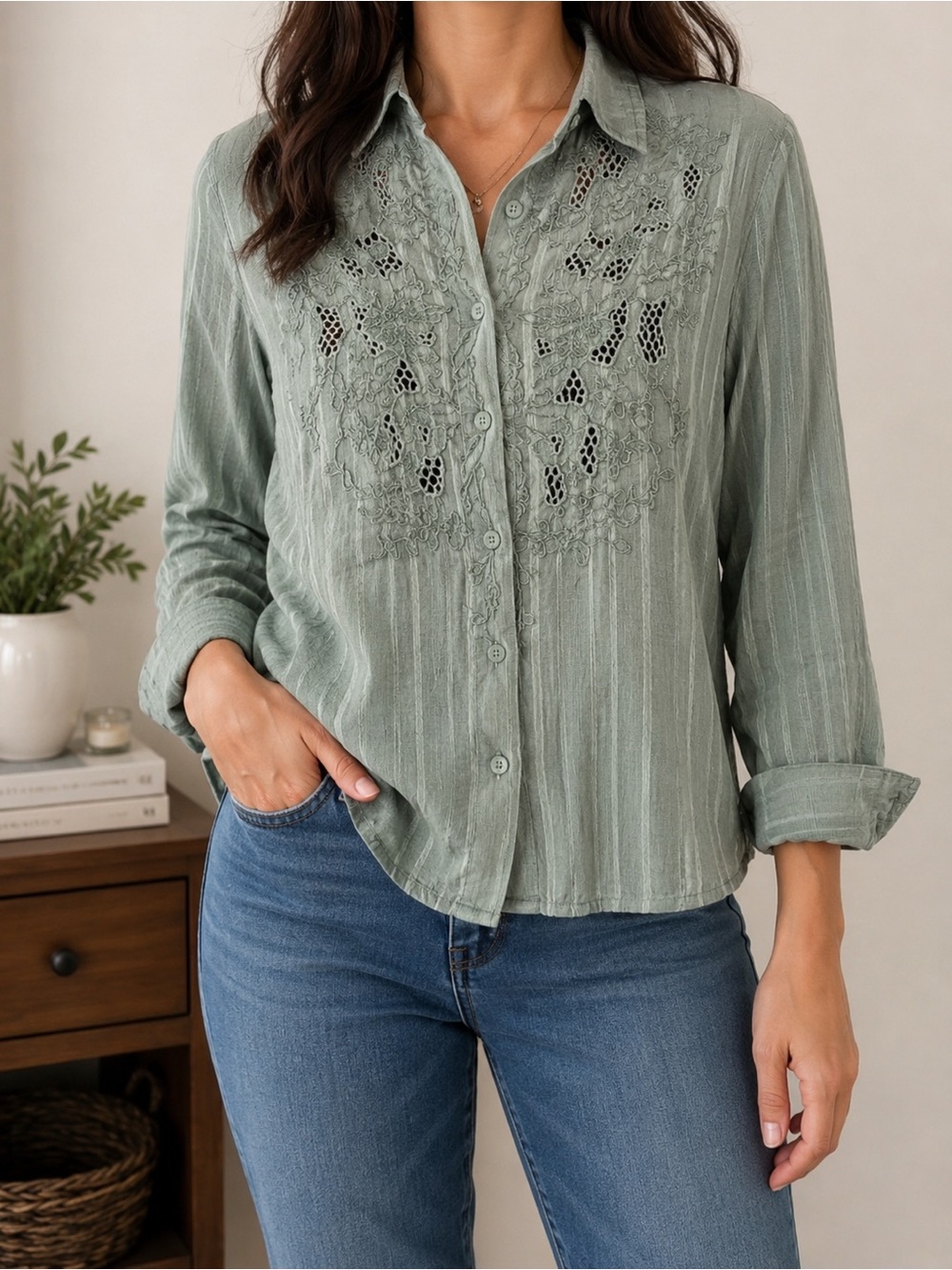 Free People Sage Green Embroidered Button Down Blouse Size Small Boho